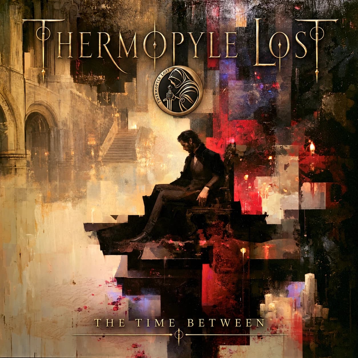 The Time Between cover: a seated man in a golden gothic hall, with the Thermopyle Lost name and emblem