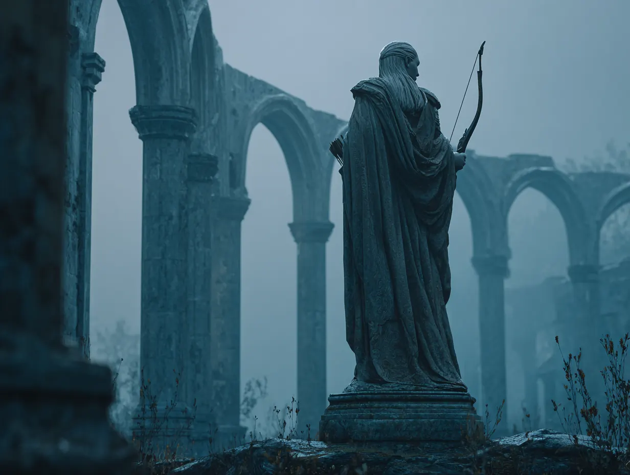 A weathered statue of an archer among misty ruins