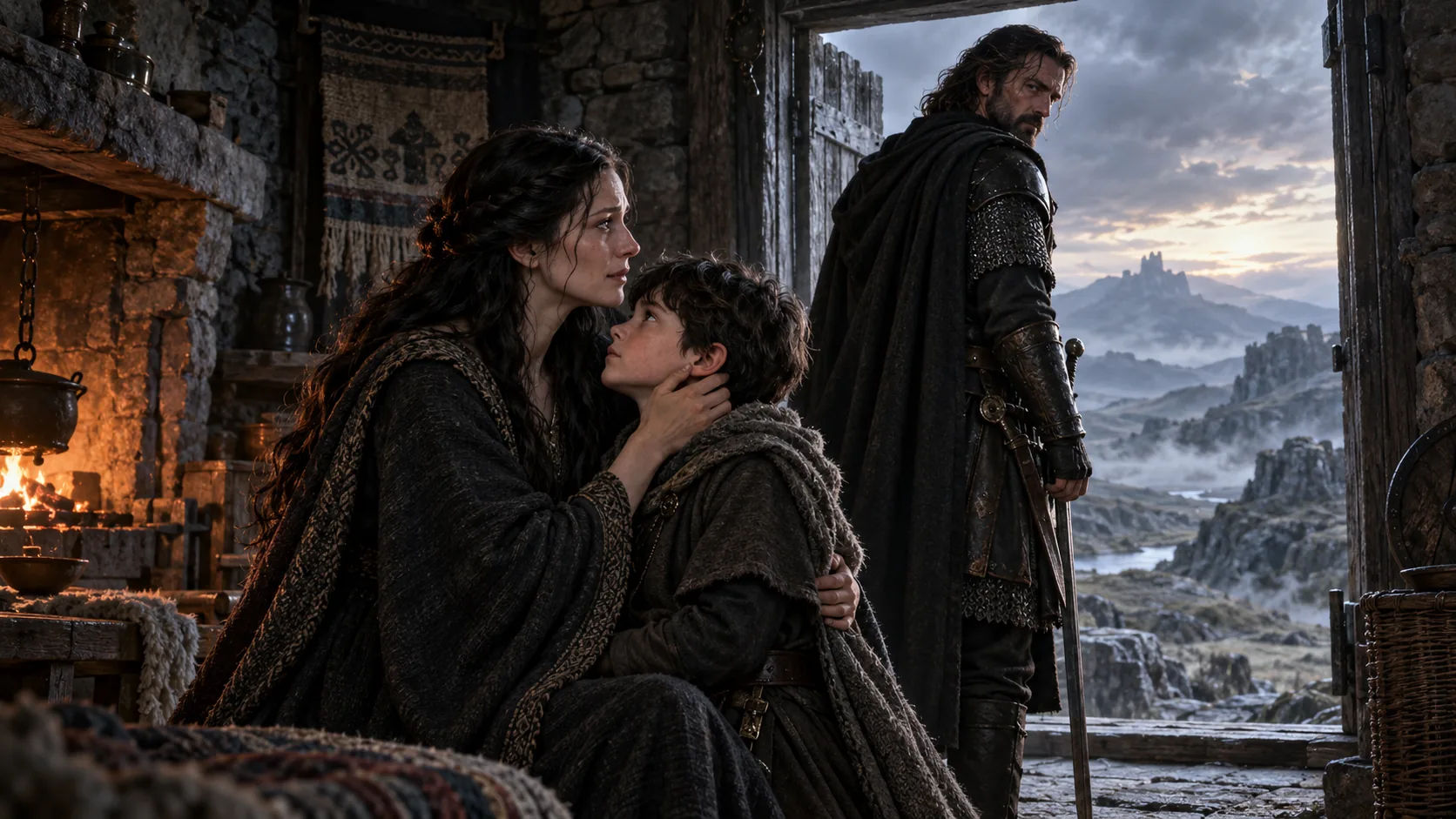 Morwen holds young Túrin while Húrin prepares to leave their home in Dor-lómin