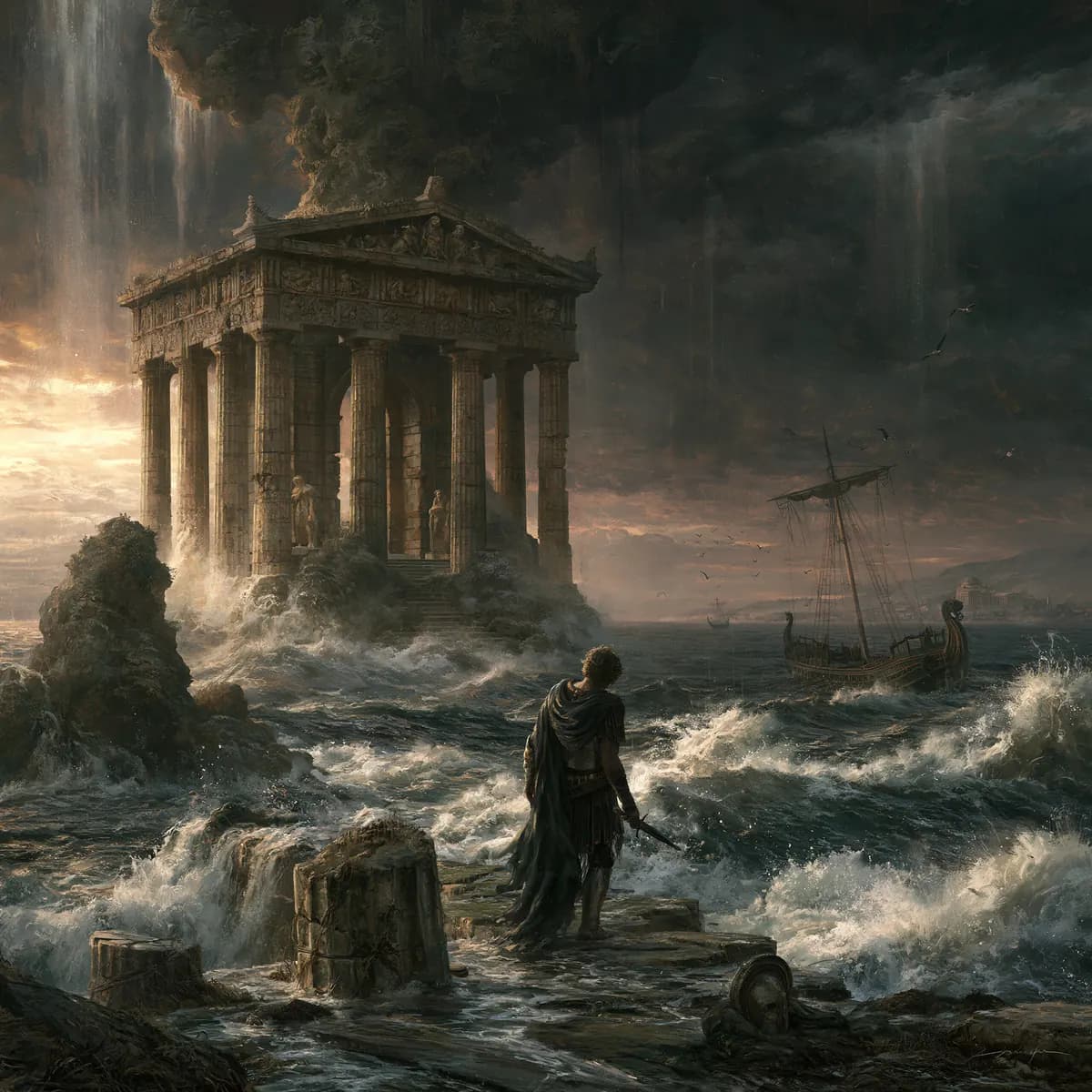 A voyager facing a temple and a ship beyond turbulent water